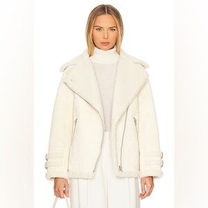 NWT Lauren Ralph Lauren Teddy Faux Fur Asymmetric Moto Jacket Cream Coat Medium